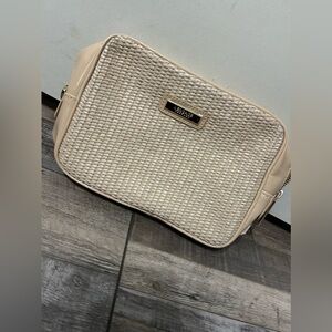 VERSACE PARFUME Cream Neutrals Woven Jute Gold Toned Hardware Makeup Bag 8X6.5X3
